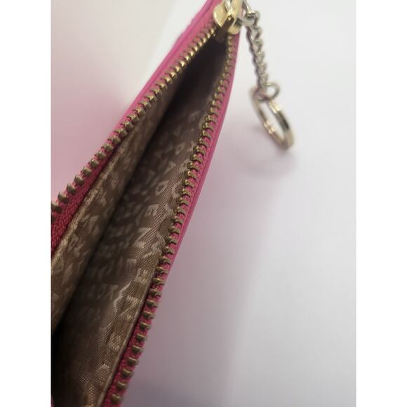 COACH Card Coin ID Case Holder With Key Chain Tan & Pink Leather Fabric Lining - Picture 2 of 7